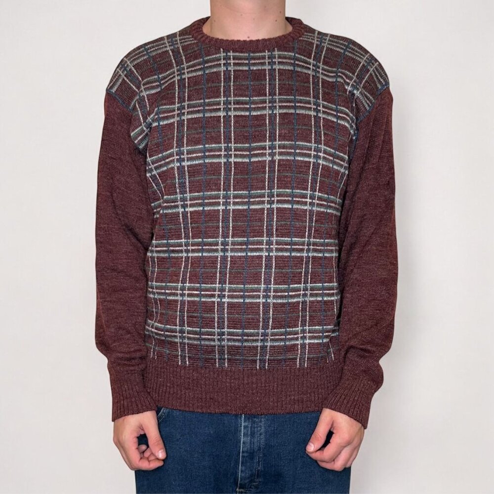 Y2K Banner Maroon Abstract Stripe Artsy Oversized Sweater XL